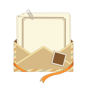 Vintage envelope with blank letter paper and postage stamp, vector illustration