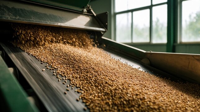 Golden grains move on modern conveyor belt within agricultural factory. Seeds pour from machinery, showing automated food production and industry. Bulk material processing happens on large scale.