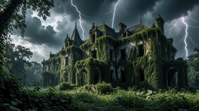 Overgrown abandoned mansion exterior with ivy vines. Stormy sky flashes with lightning over desolate building. Nature reclaims old forgotten architecture, wild overgrowth on damaged stone structure.