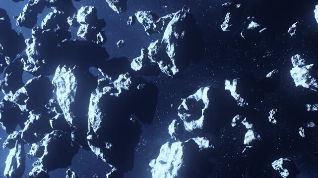 A scene shows many asteroids scattered in space. Rocks of different sizes float against a dark background. Stars twinkle around them. The setting illustrates the vastness of outer space.