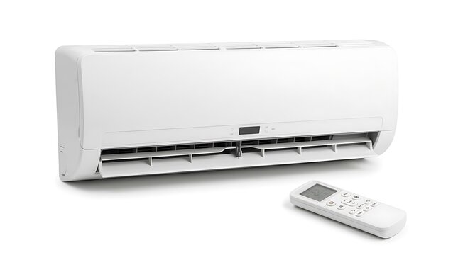 Modern white split system air conditioner unit with remote control isolated on white background.