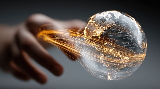 Professional hand interacting with a holographic globe and gold light trails representing international money transfers and global remittance technology for the digital economy scene