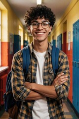 Fototapeta premium Smiling student with glasses and backpack stands in school corridor. Young male pupil with arms crossed looks confidently at camera, ready for studies. Education begins.