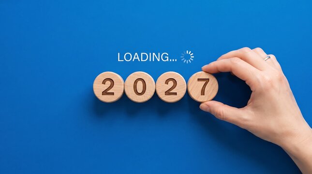 A human hand carefully positions wooden blocks to form the 2027 year two thousand twenty seven against a blue backdrop