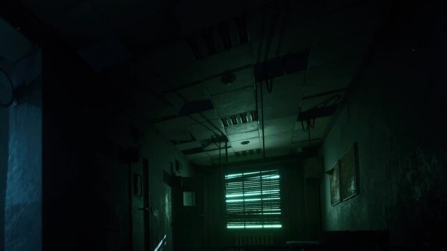 The scene shows an empty room with a window covered by green blinds. Light comes through the slats, creating patterns. The space is dark with some visible details on the walls.