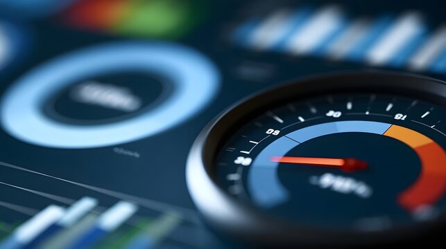 A close up view of a speedometer gauge with colorful charts and graphs in the background on a digital display