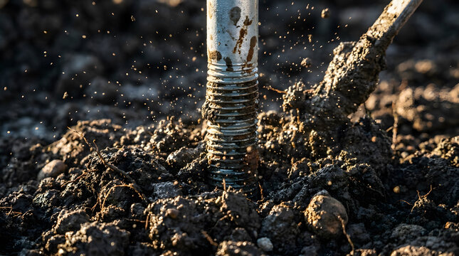 Heavy Steel Threaded Rod Ground Anchor Driven into Soil | Close Up Threaded Metal Anchor Rod Inserted in Dark Dirt Ground | Steel Threaded Anchor Shaft Driven Deep into Earth Soil