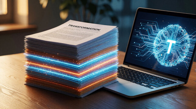 Glowing stack of paper documents sits next to laptop on office desk. Digital transformation concept shows transition from physical paperwork to electronic data processing. High tech information flow