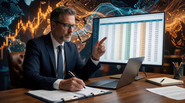 Man in suit analyzes financial data on computer screen. Points at charts on screen writing notes. Businessman works with digital graphs, spreadsheets in office. Global economy charts visible in