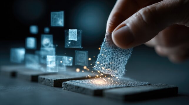 Professional hand placing a biolayer fabric swatch onto a model of a zero-knowledge proof system with floating holographic icons 