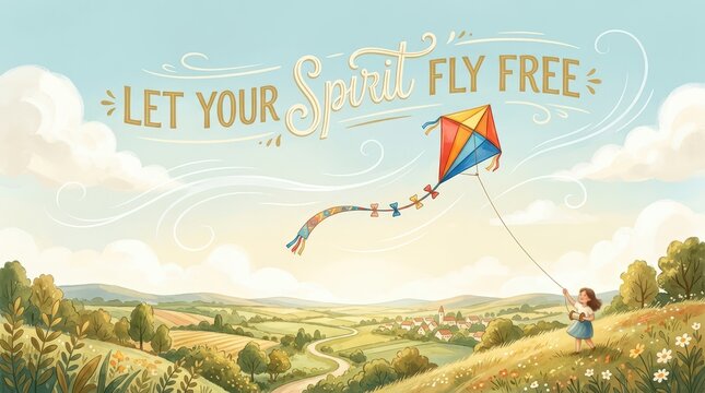 Illustration of a young girl flying a kite in a sunny, rolling landscape with the words "Let Your Spirit Fly Free" above.