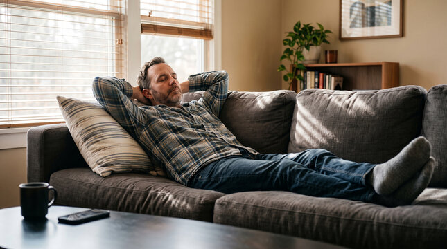 Man relaxing on a sofa by the window, symbolizing comfort, peace, and a moment of rest, ideal for lifestyle or wellness content
