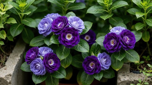 Vibrant purple and blue periwinkle flowers bloom lushly. Dark green leaves surround delicate petals, creating natural garden beauty. Fresh blooms glow softly.