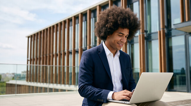 Smiling man with afro hair in a suit using a laptop outdoors, symbolizing modern business and technology, with a contemporary building in the background, showcasing professionalism and innovation