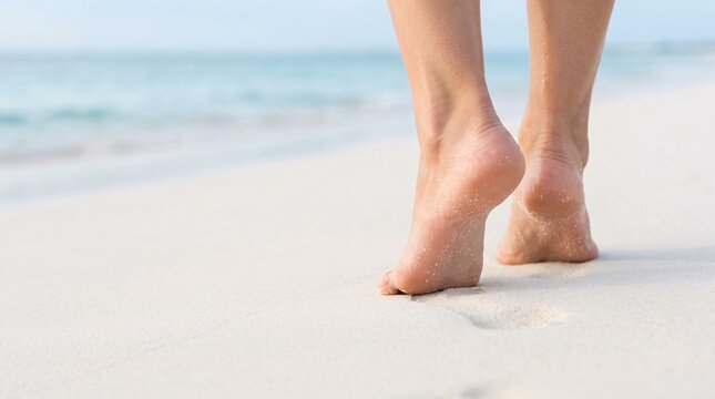 Perfect bare feet walking on pristine soft white sand with morning dew, clean minimalist composition, detailed skin, wellness ad style.