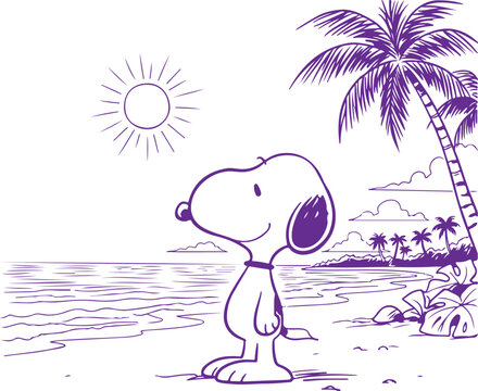 Snoopy dog looking at beach with palm trees Vector, illustration