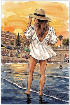 Illustrazione artistica in acquarello di una donna con cappello di paglia che guarda il tramonto su una spiaggia italiana 159488