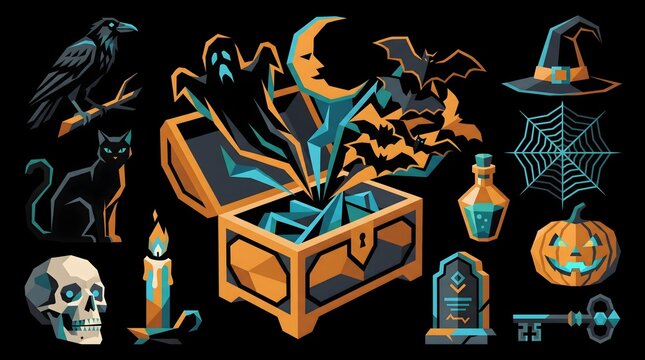 Spooky halloween magic chest open with floating ghosts bats and mystical items halloween mystical treasure gravestone tombstone illustration