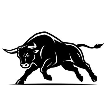 Black silhouette of a charging bull isolated on white background for sports logo design.