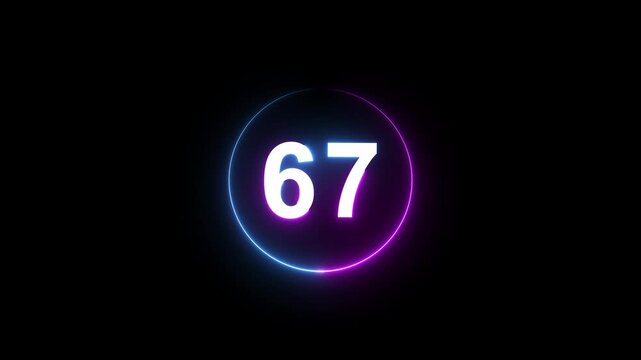 A dynamic circular animation, and glowing count neon number 67 animation . on a black background. and creating a stunning 4k video.