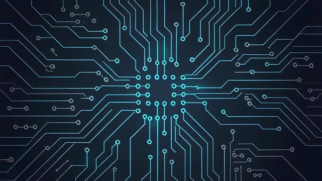 Circuit board pattern evolving with glowing blue lines in digital space during technological advancement concept