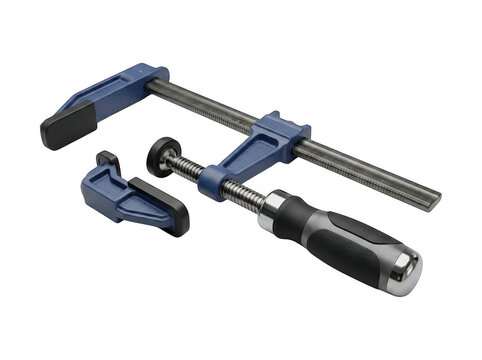 Blue and silver heavy duty woodworking bar clamp and small clamp with hand tool carpentry tool metal clamp
