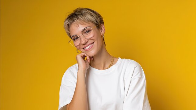 beautiful girl, blonde, wearing bright glasses and a white T-shirt, smiling, on a yellow background, natural light, professional photo 