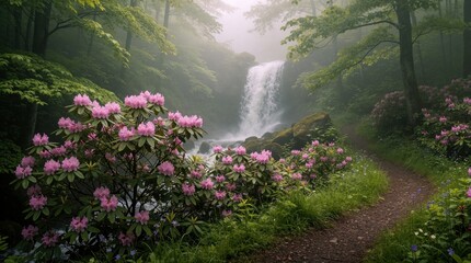 Fototapeta premium Misty forest landscape with white waterfall cascade. Pink rhododendron flowers bloom along winding dirt path through rich green trees. Foggy atmosphere covers scenic woodland trail near rocky stream