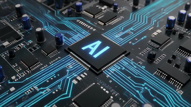 Circuit board with glowing blue AI processors and data streams in dark cinematic lighting