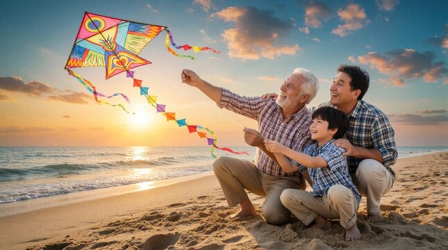 Three generations of men a grandfather father and son fly kite together on a sandy beach at sunset. They enjoy bonding on vacation near ocean waves.