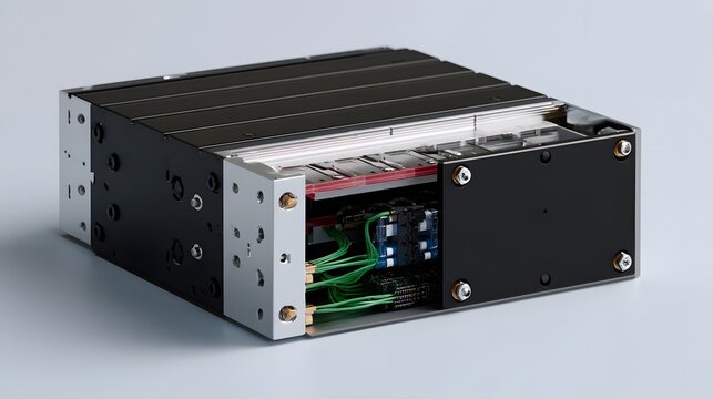Modern power hardware defines solid state battery cell stack with clean industrial clarity  carefully with durable materials and organized power