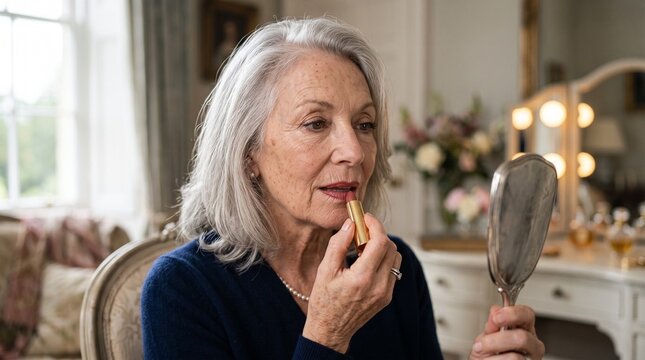 Elegant senior woman with grey hair applying red lipstick while looking in a vintage hand mirror at her vanity table
