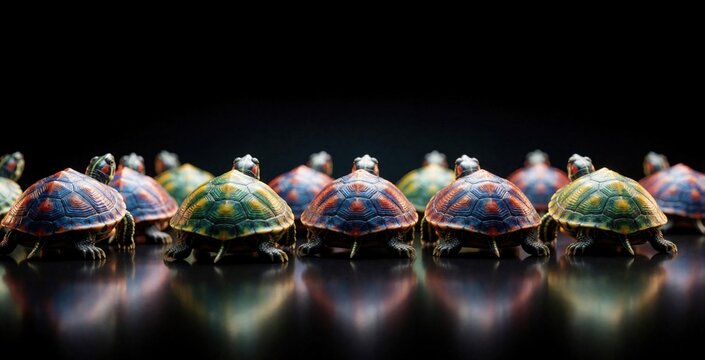 Multiple colorful turtles in a line on reflective surface. Small reptiles with patterned shells face away from camera. Dark background isolates creature group.