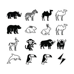 Fototapeta premium A collection of black and white line art icons featuring various animals such as rhino, zebra, camel, bear, rabbit, gazelle, monkey, buffalo, dolphin, and toucan, along with a lightning bolt symbol.