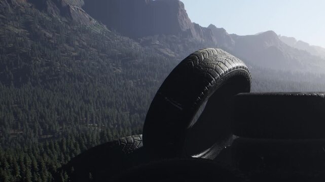 Old tires are stacked near a forest at the foot of a mountain. The bright sunlight highlights the contours of the tires and the landscape.
