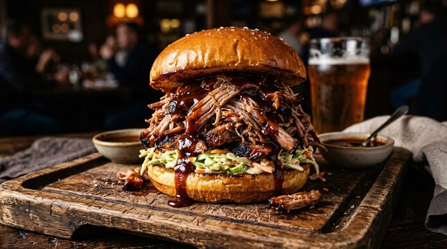 Colossal pulled pork sandwich dripping with thick shiny BBQ sauce on wooden board, cinematic dark food photography, savory textures.