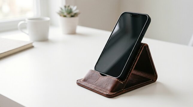 Smartphone on a handcrafted leather phone stand on a clean white desk workspace