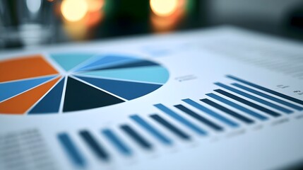 Obraz premium A close up view of a colorful pie chart and bar graph on a document with blurred background lights