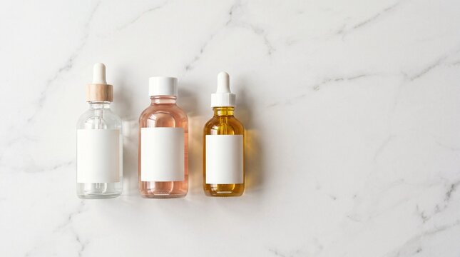 Skincare serum bottles with blank labels on a white marble background top view