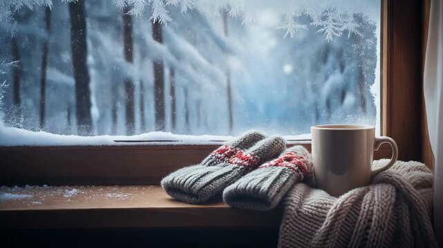 Cozy winter morning mug beside warm knitted mittens on a windowsill with snow falling outside cinematic
