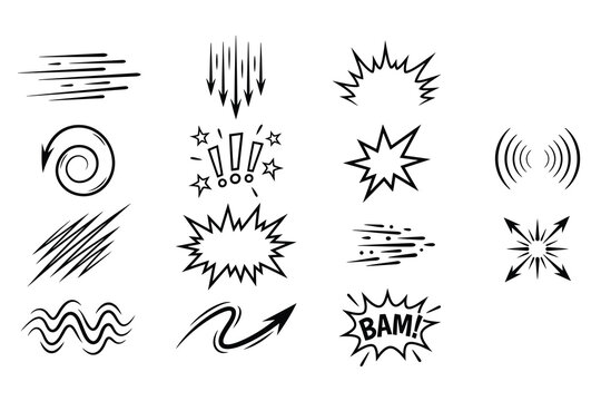 Comic motion lines and action speed effect icons set for graphic design