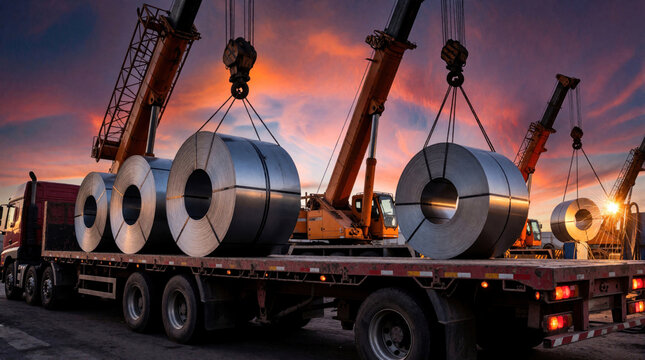 Heavy cranes unload metal coils from truck at dusk. Sparks fly from welding in background. Logistics and heavy industry work during twilight.