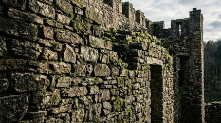 Fototapeta premium Ancient mossy castle stone wall, stacked irregular rocks with cinematic side lighting casting deep shadows on worn masonry, medieval feel.