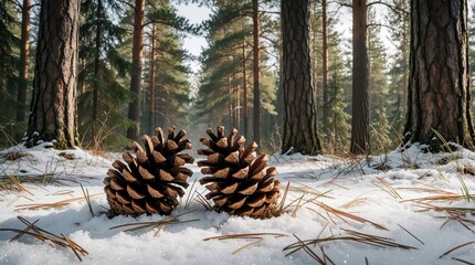 Naklejka premium Two pine cones rest on snowy forest ground. Tall pine trees form a natural backdrop under a bright winter sky. The scene feels calm and untouched.