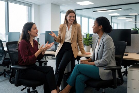 Diverse female coworkers discuss project ideas in modern open plan office. Group of pro women talk, gesticulate near desk with coffee mug. Multiracial business team works together in bright workspace