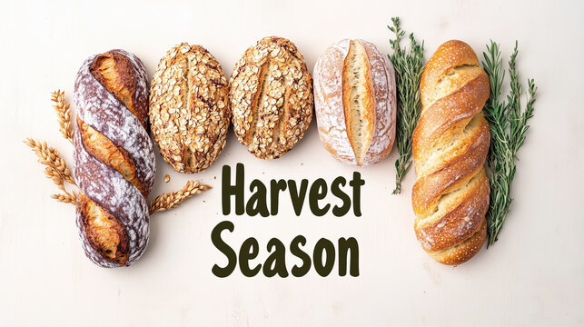Freshly baked bread loaves with herbs and grains in a wooden bowl with Harvest Season text.