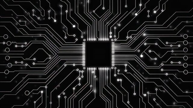 Digital circuit board pattern with glowing processors in dark abstract technology background