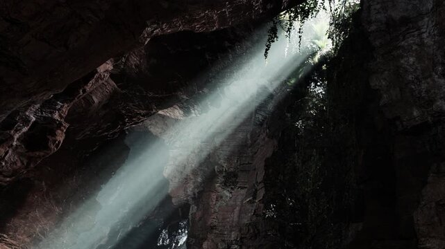Bright beams of sunlight enter a cave, illuminating the rocky surfaces and greenery inside. The cave environment shows shadows and textures from the stone.