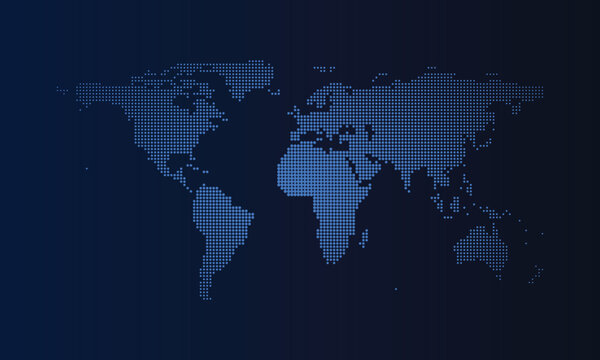 Detailed world map showing continents formed by small blue squares on a dark blue background.