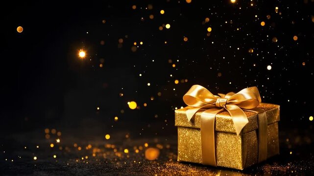 Golden gift box with glitter and falling sparkles, shimmering gold present with satin bow on a dark bokeh background for festive celebration